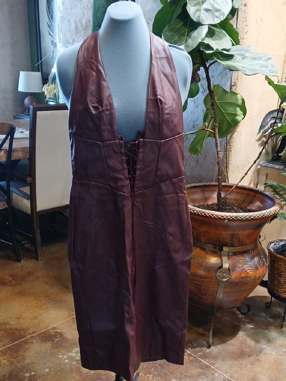 Deep Burgundy Faux Leather Halter Midi Dress